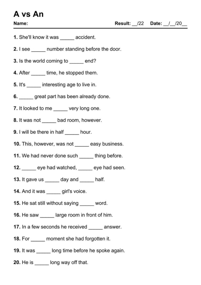 101 A Vs An PDF Worksheets With Answers 2143 Exercises Grammarism