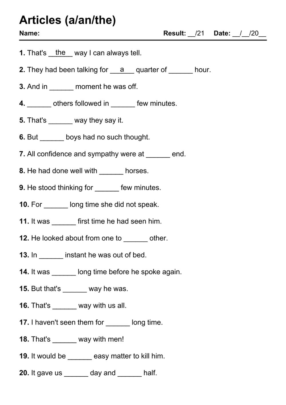 101 Articles PDF Worksheets With Answers 2145 Exercises Grammarism