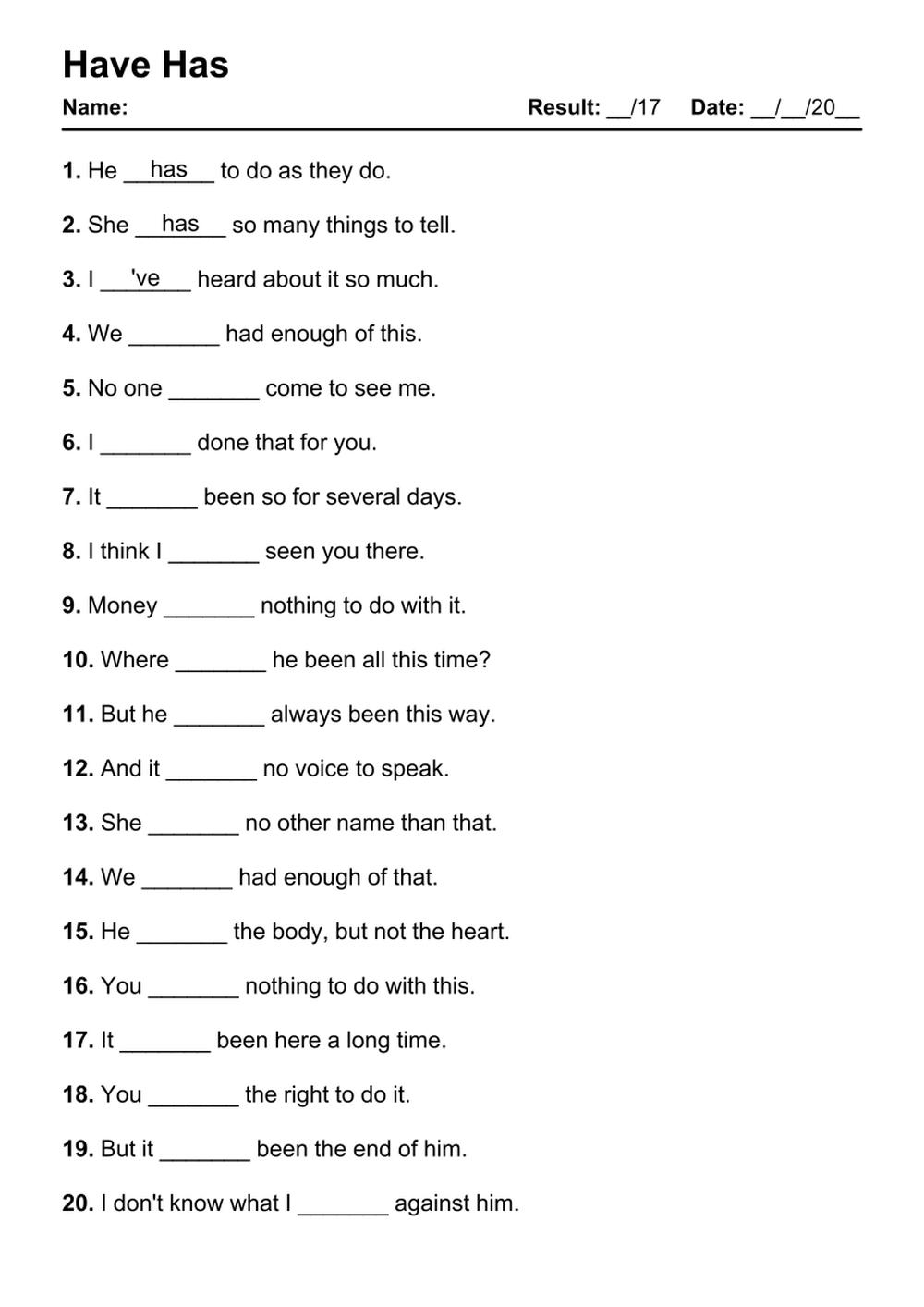 101 Have Has PDF Worksheets With Answers 2036 Exercises Grammarism