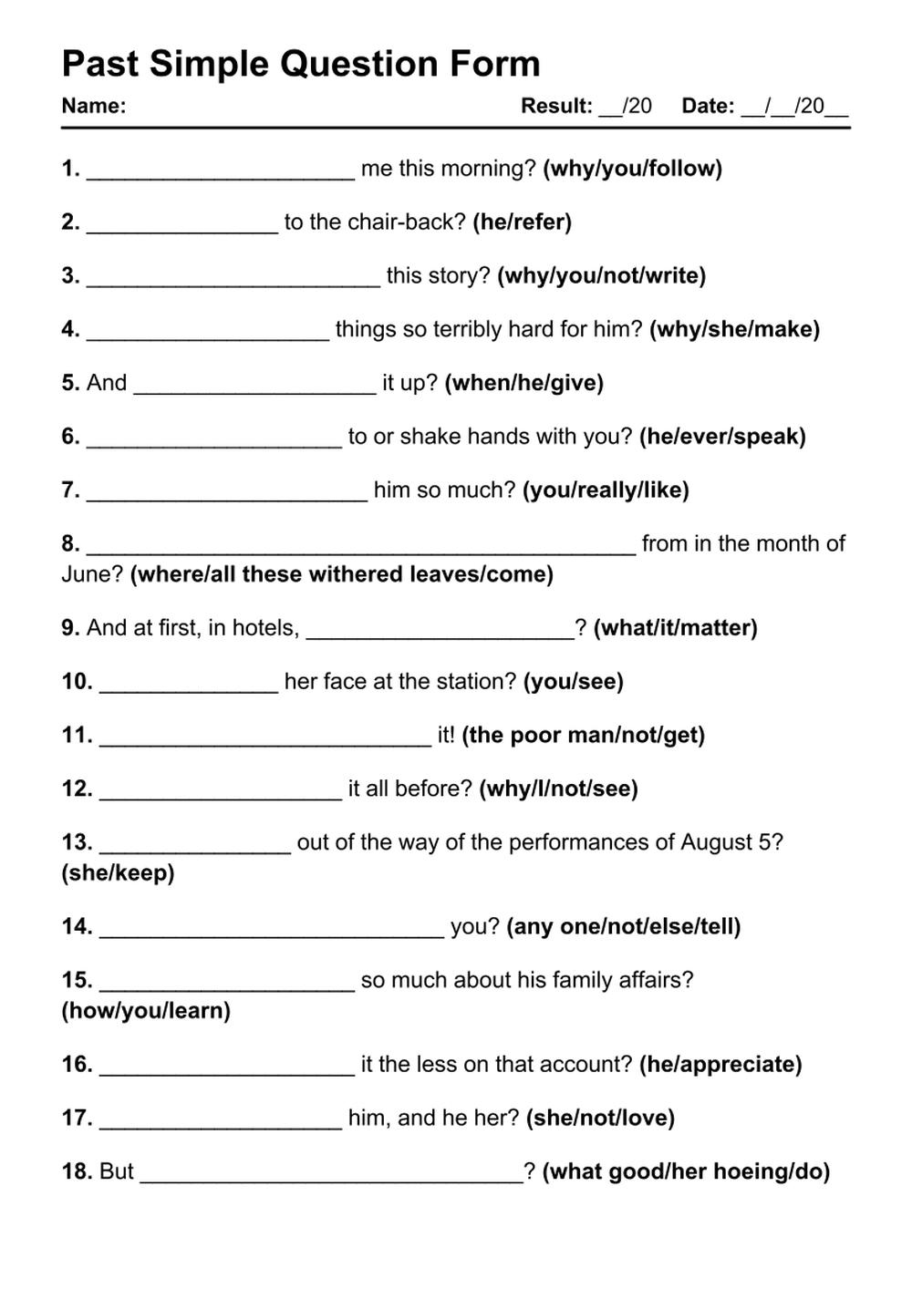 101 Past Simple Question PDF Worksheets With Answers Grammarism