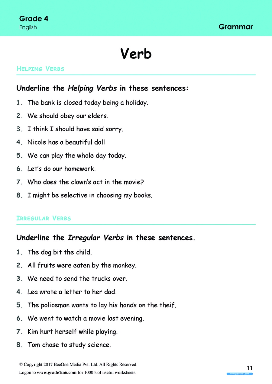 English Grammar Worksheets For Class 4