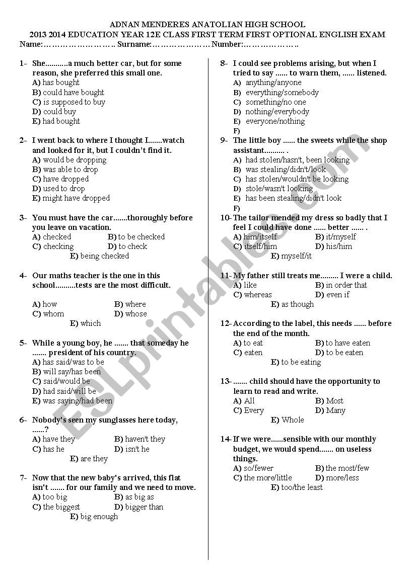 12th Grade Exam ESL Worksheet By Mhtcimen 12th Grade Exam ESL Worksheet By Mhtcimen
