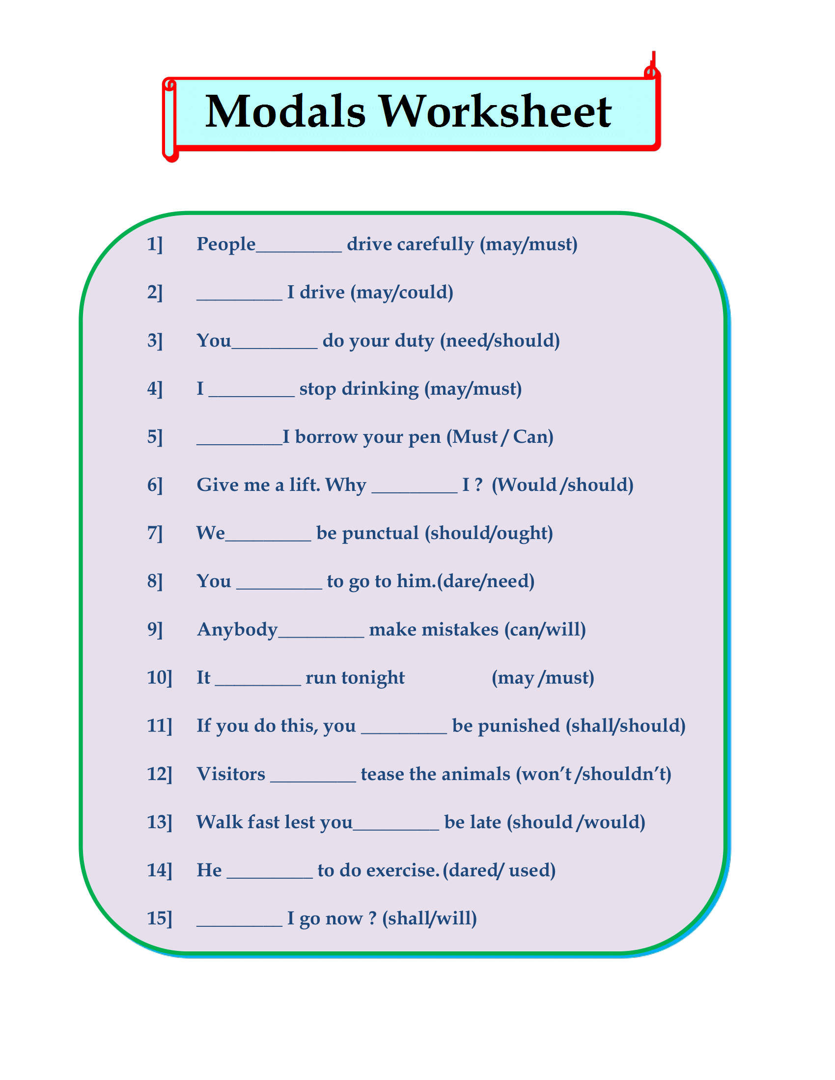 20 Worksheet ClassTest Modals English With PK99 English Modals Test 20 Worksheet ClassTest Modals English With PK99 English Modals Test