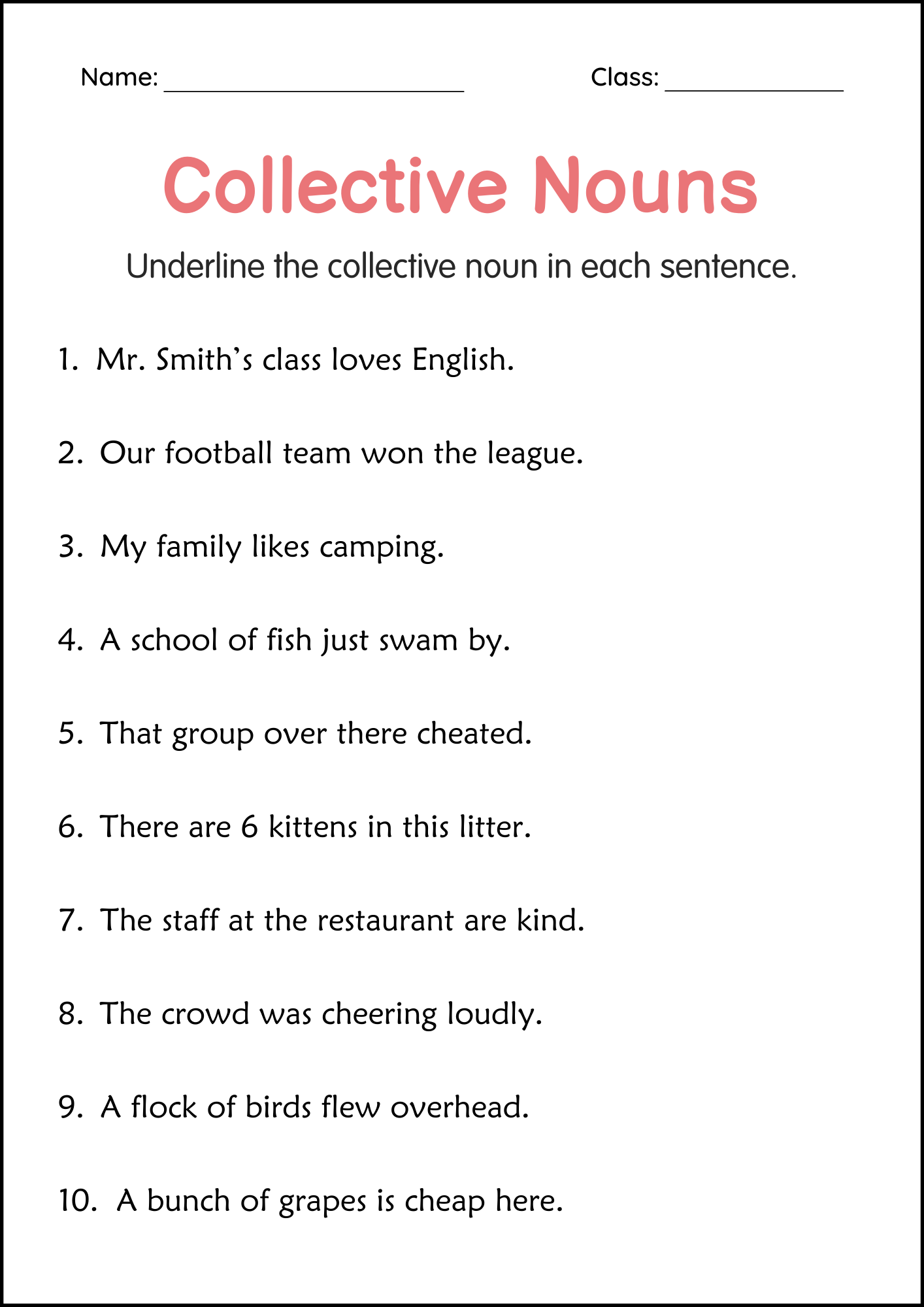 2nd Grade Collective Nouns Grammar Practice Activities Worksheets 