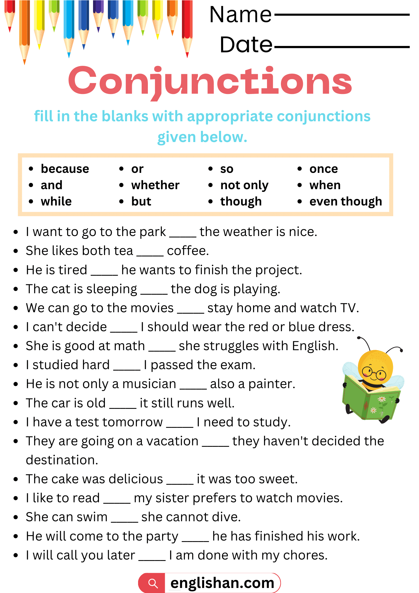 3 Conjunctions Worksheets And Exercises With Answers In English Englishan 3 Conjunctions Worksheets And Exercises With Answers In English Englishan