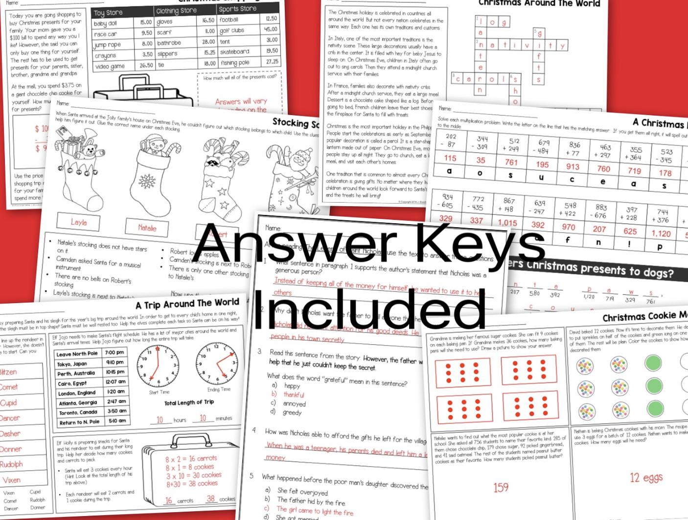 3rd Grade CHRISTMAS Math Reading Worksheets Made By Teachers