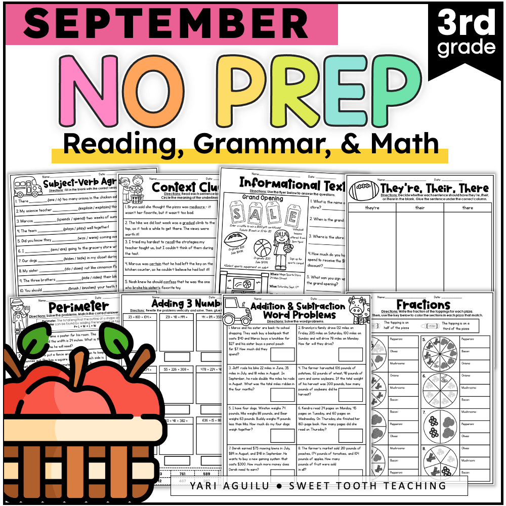 3rd Grade Daily Practice Skill Review Worksheets September Math Reading Grammar Printables Shop Sweet Tooth Teaching