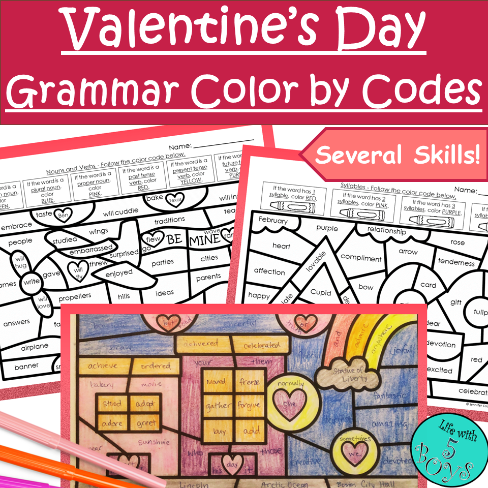 3rd Grade Valentine s Day Grammar And Parts Of Speech Color By Code Activities Made By Teachers