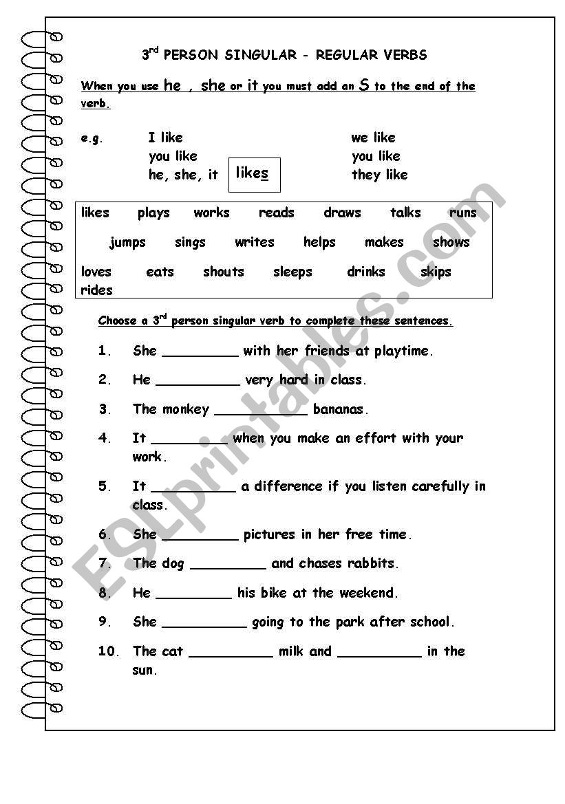 3rd PERSON SINGULAR REGULAR VERBS ESL Worksheet By Sabados