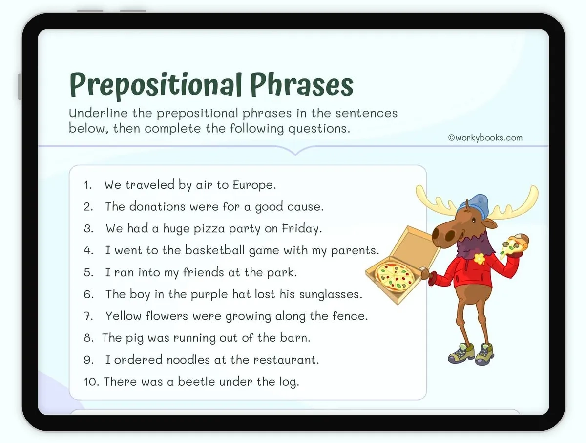 4th Grade Prepositional Phrases Worksheet L 4 1 E Workybooks Printable Worksheet For Teachers Parents Homeschoolers