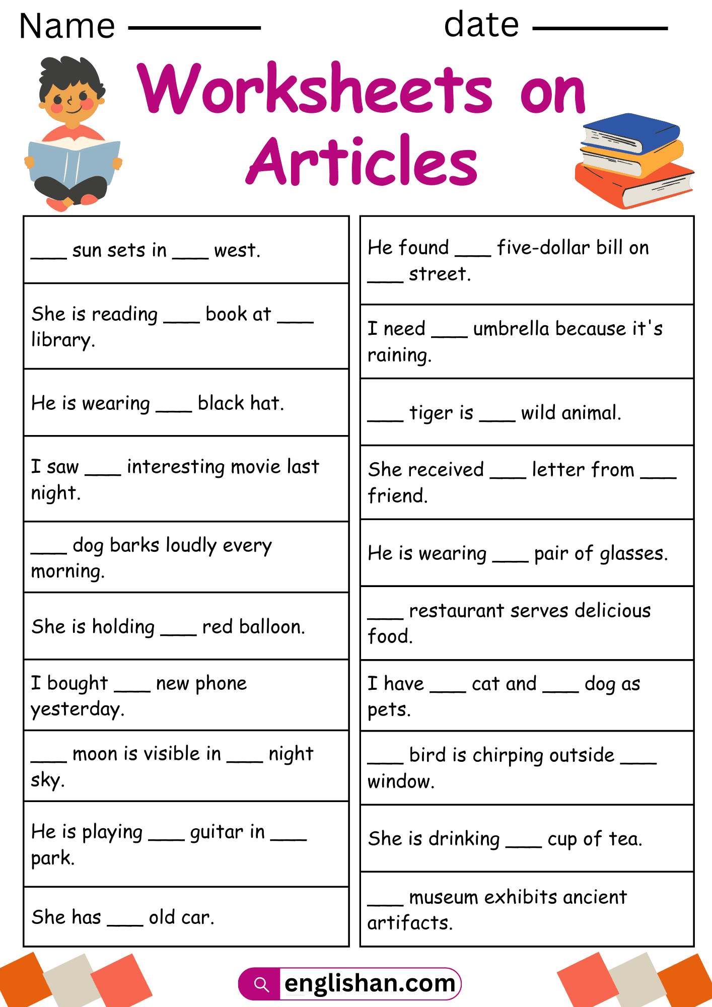 Grammar Worksheet Articles A An The
