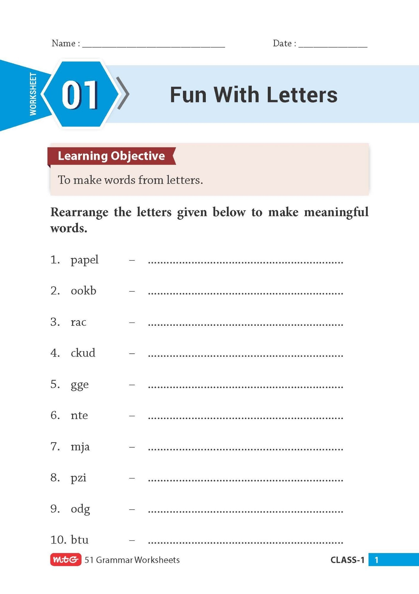 Grammar Worksheet For Class 1