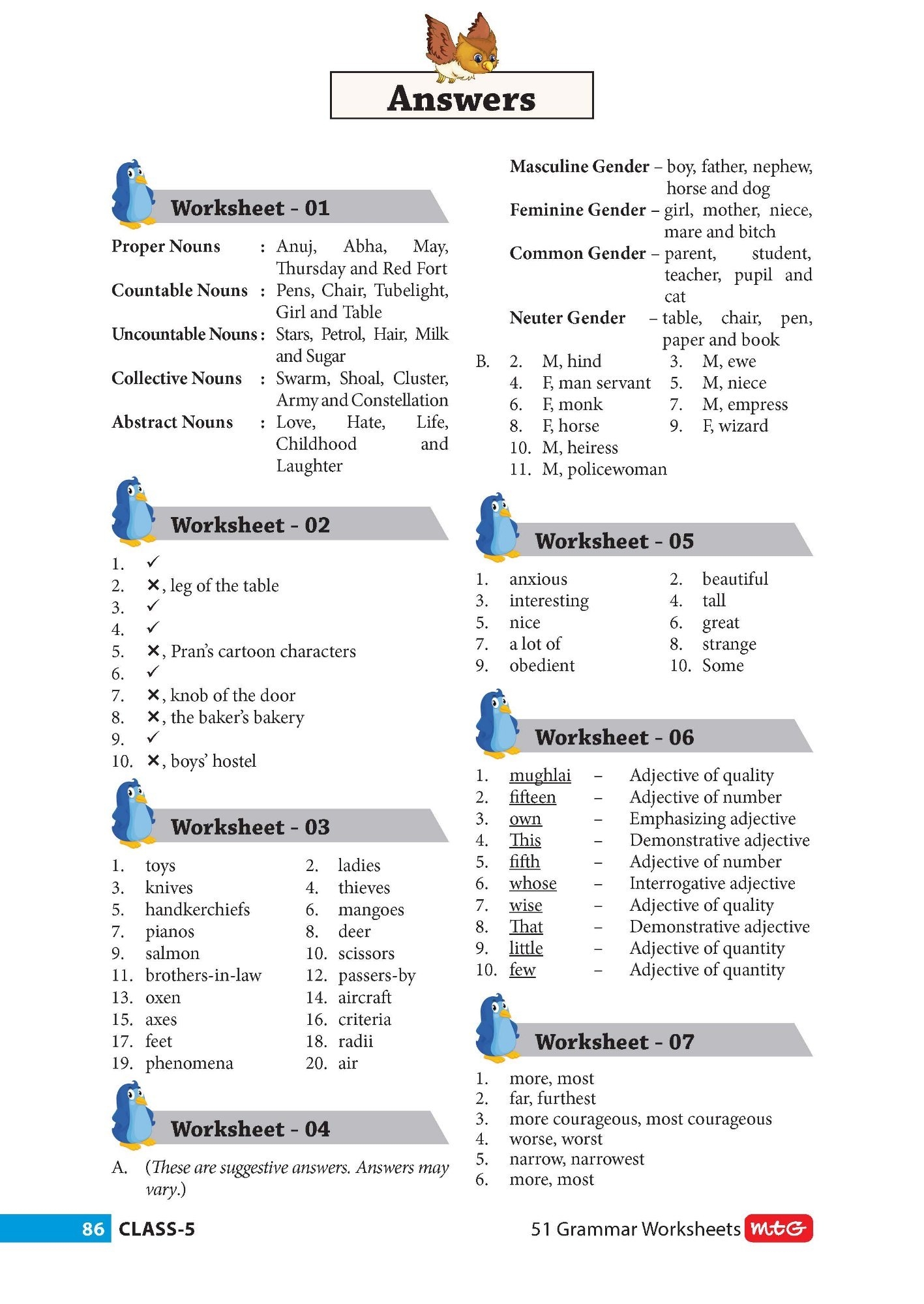 5th Std English Grammar Worksheets