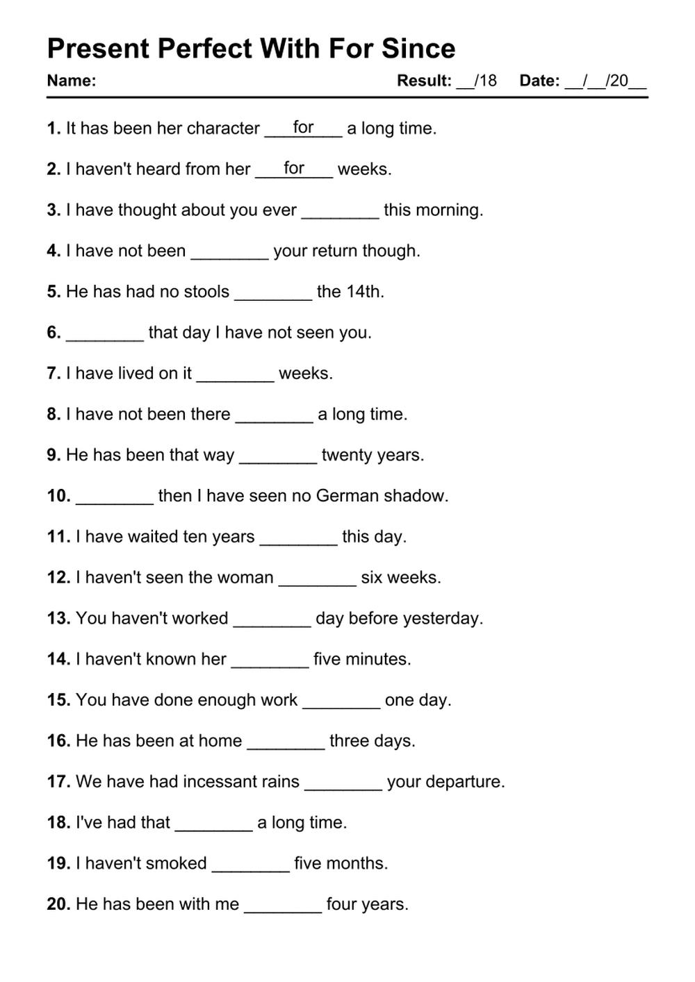 57 Present Perfect With For Since PDF Worksheets With Answers Grammarism