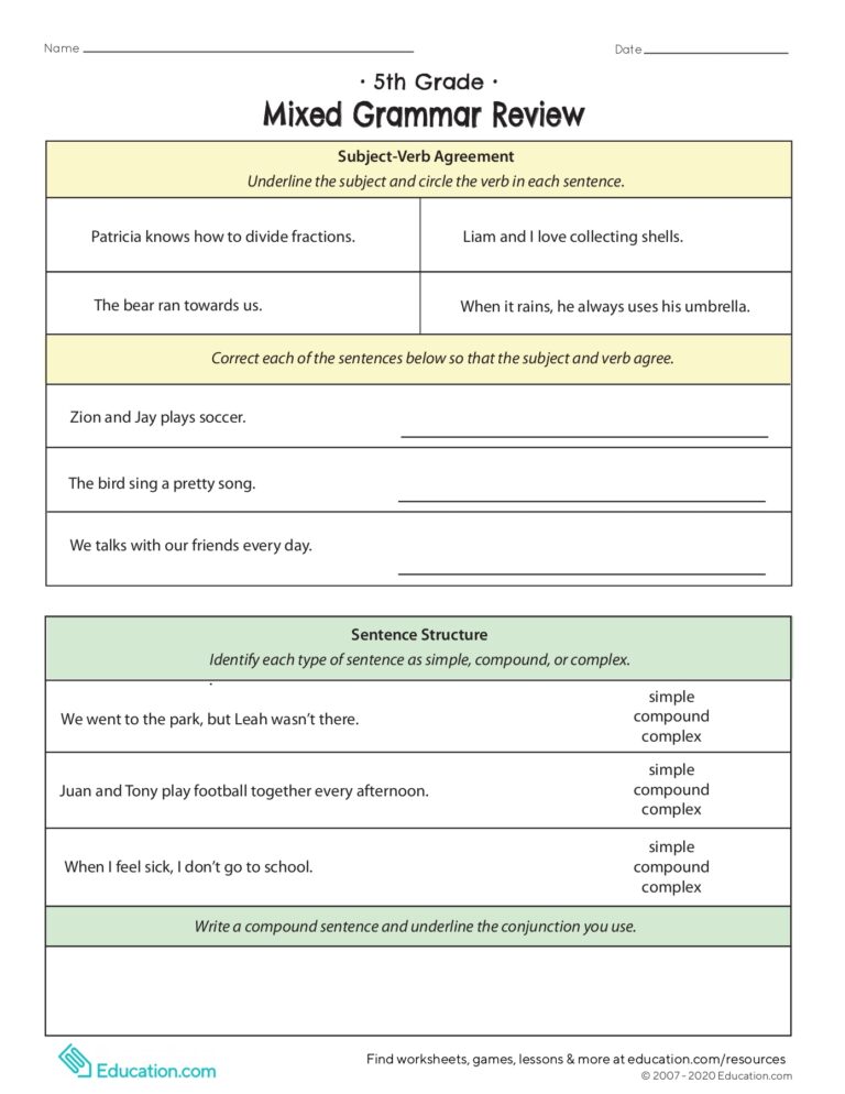 5th grade mixed grammar review