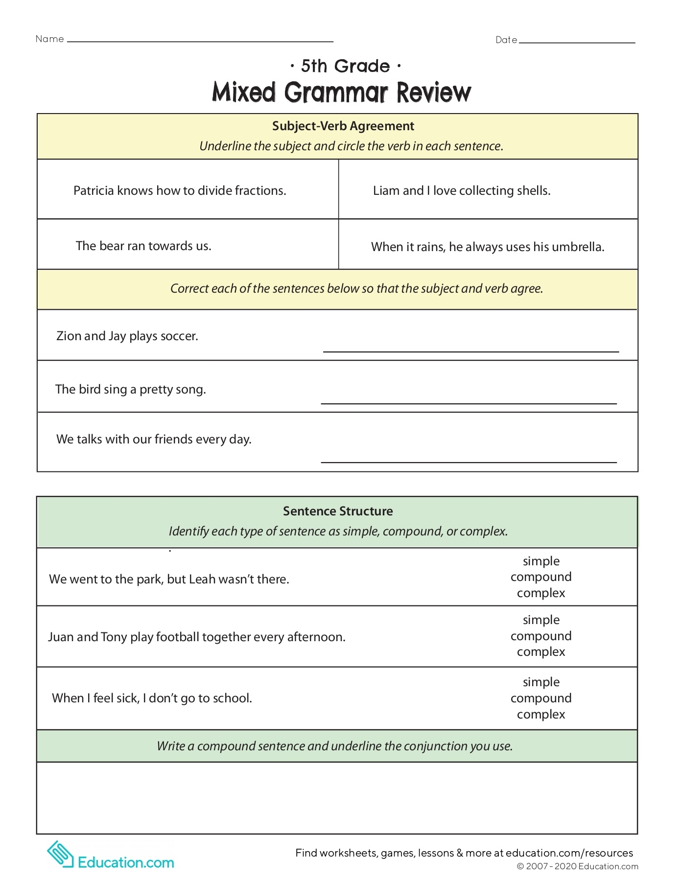 5th grade mixed grammar review