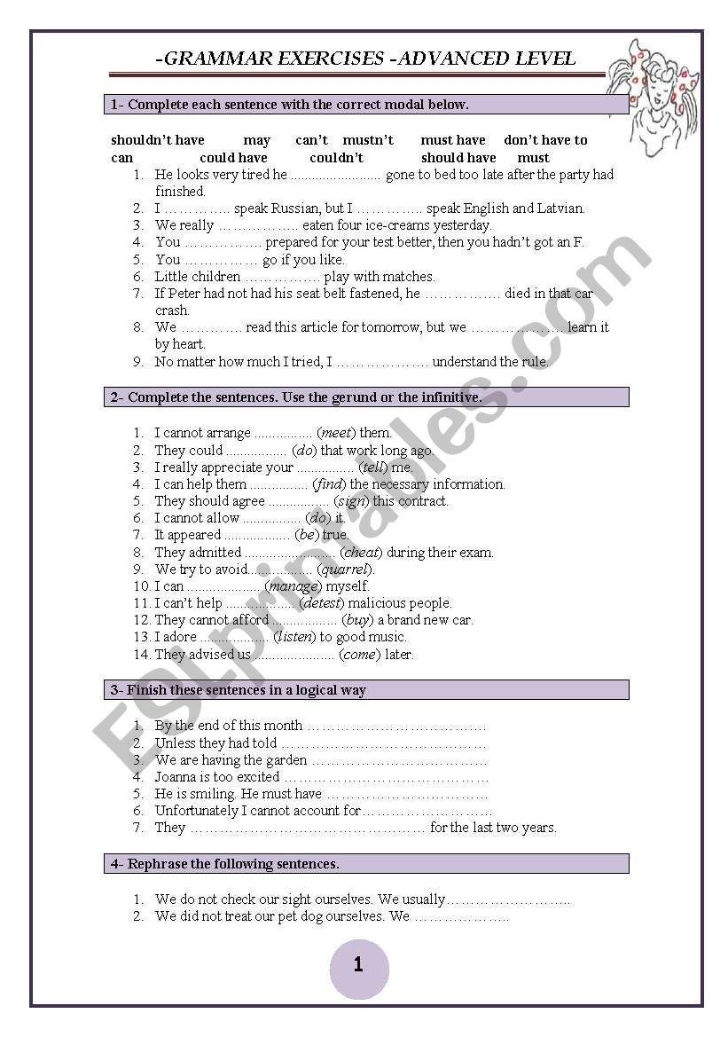 6 PAGES OF ADVANCED GRAMMAR EXERCISES WITH A KEY ESL Worksheet By Allakoalla