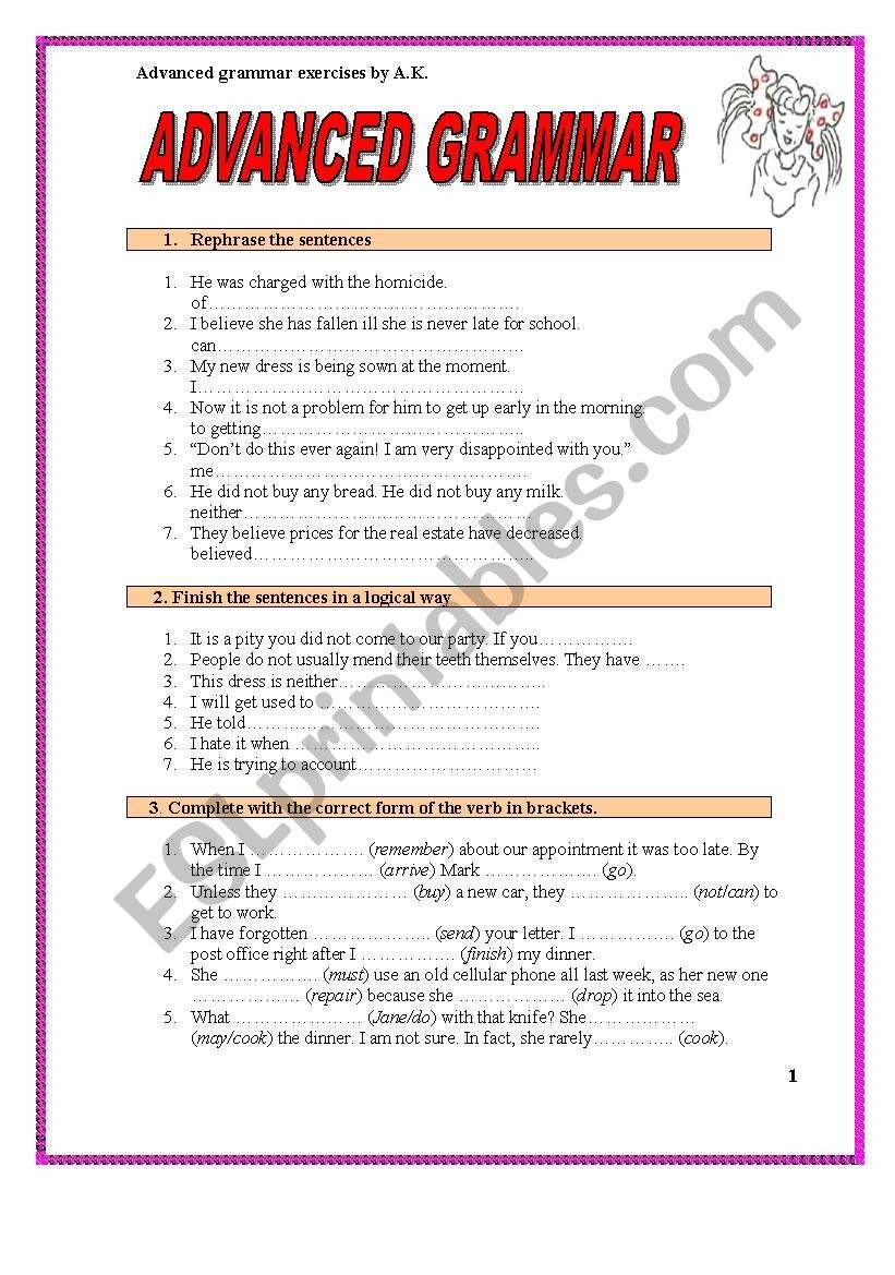 Advanced Grammar Worksheets Free Advanced Grammar Worksheets Free
