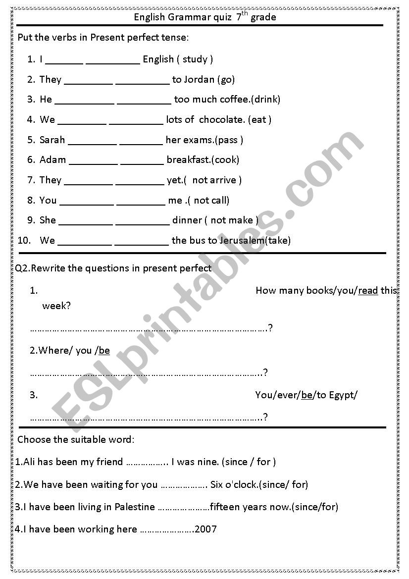 7th Grade English Grammar Quiz ESL Worksheet By Alhuda