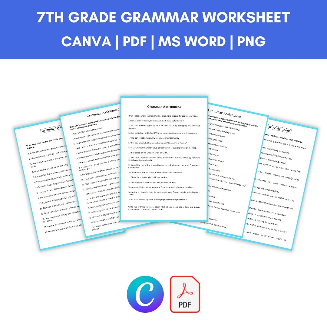 7th Grade Grammar Worksheets Template Printable Word PDF