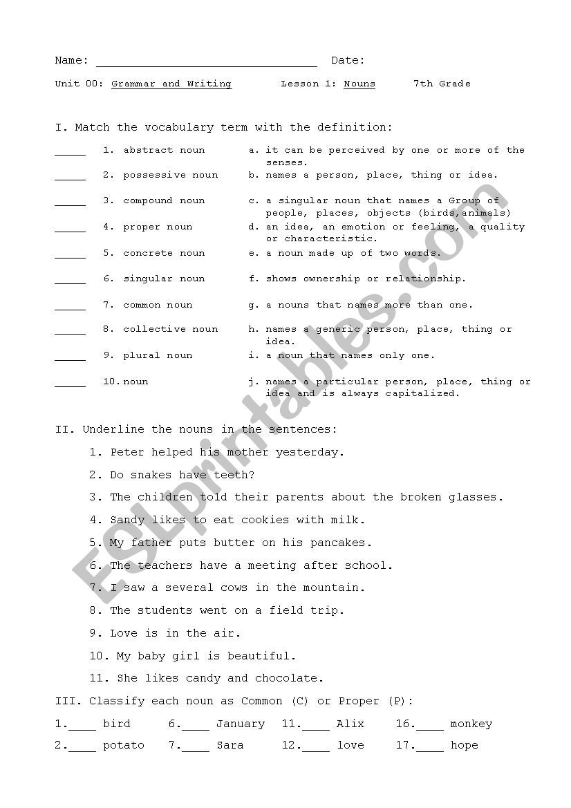 7th Grade Test Nouns ESL Worksheet By Dedee4u 7th Grade Test Nouns ESL Worksheet By Dedee4u