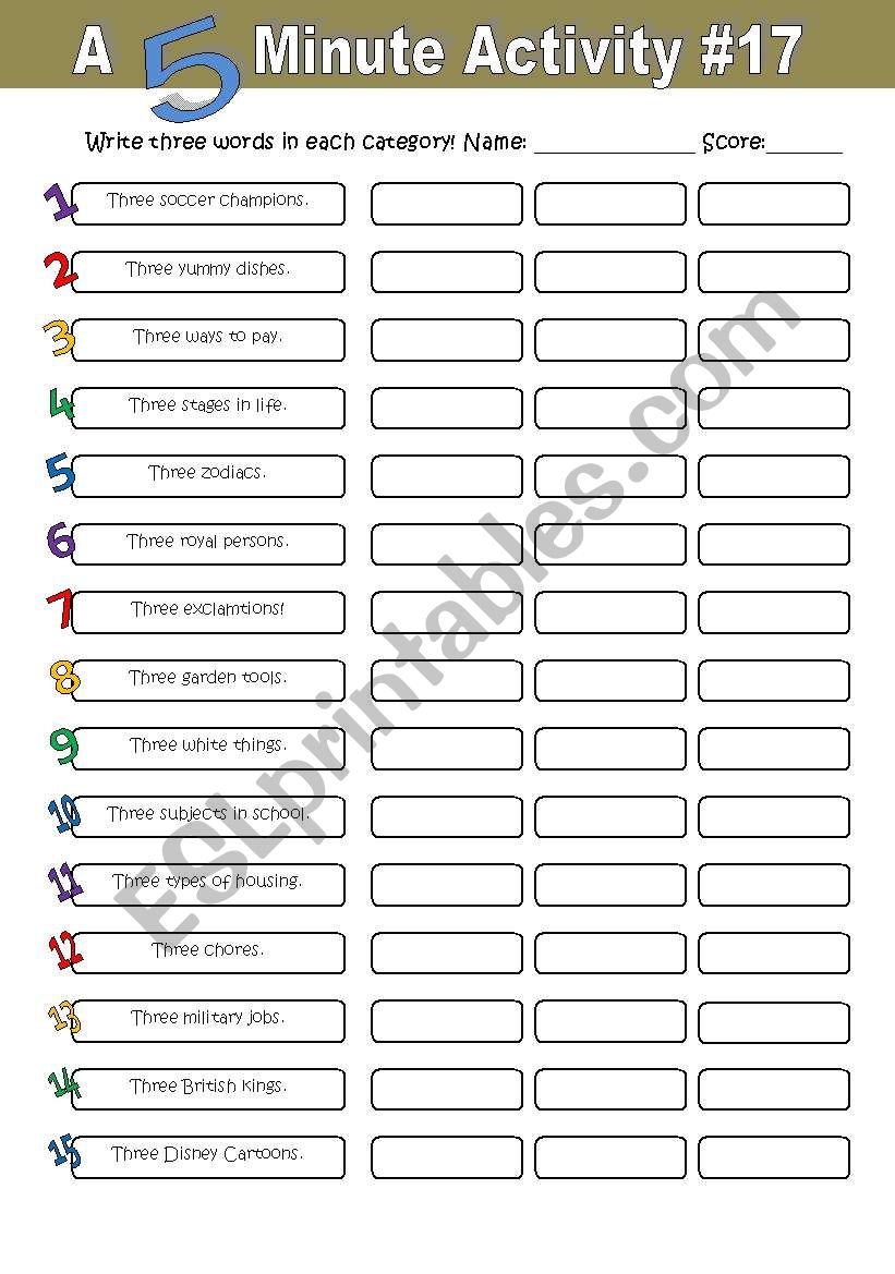 A 5 Minute Activity 17 ESL Worksheet By Mulle