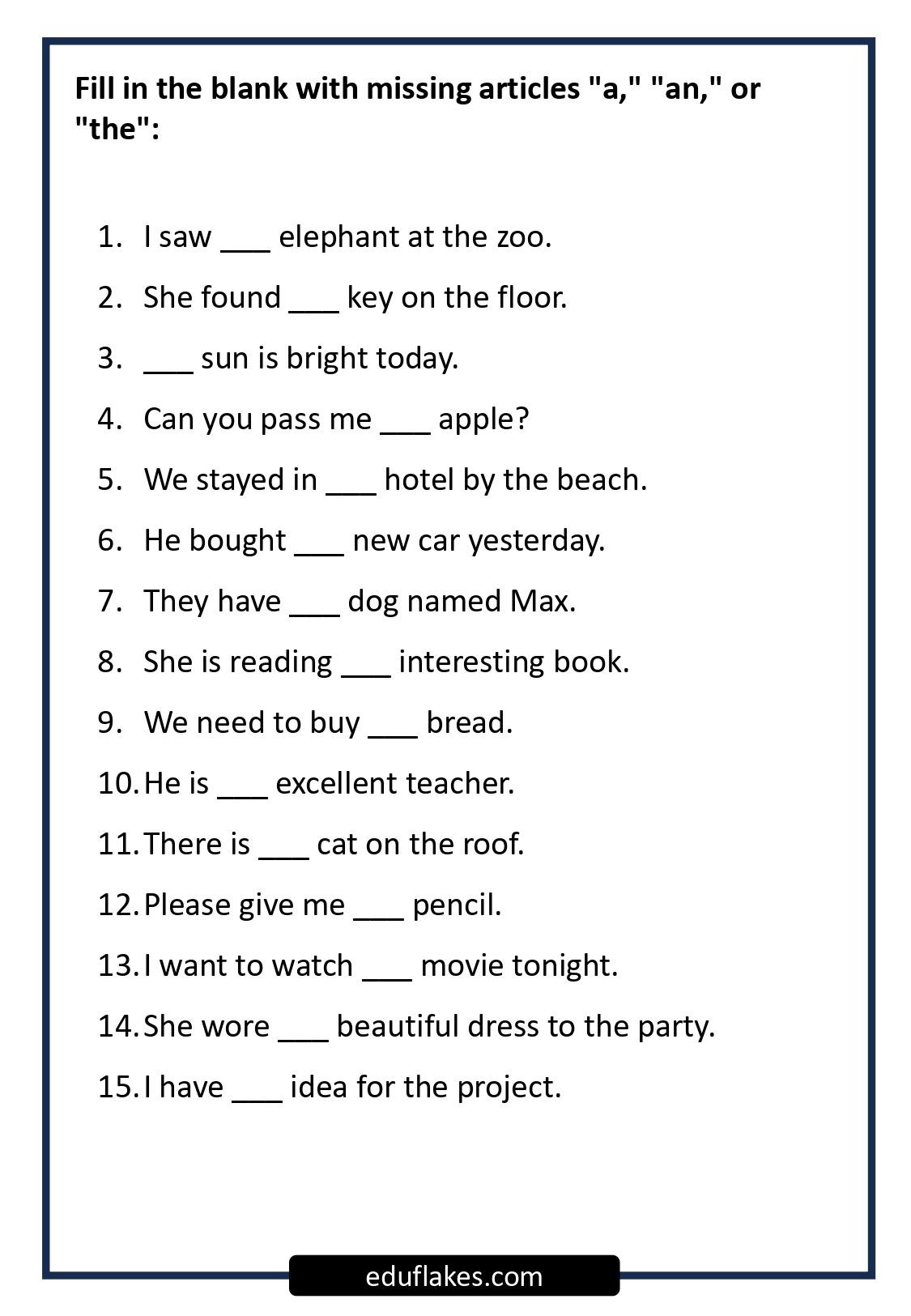 A An The Articles Worksheets Eduflakes