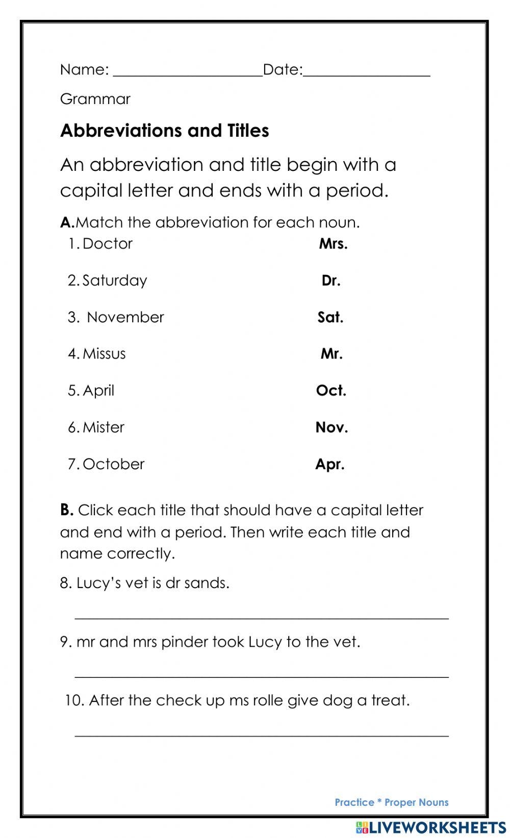 Grammar Abbreviations Worksheet