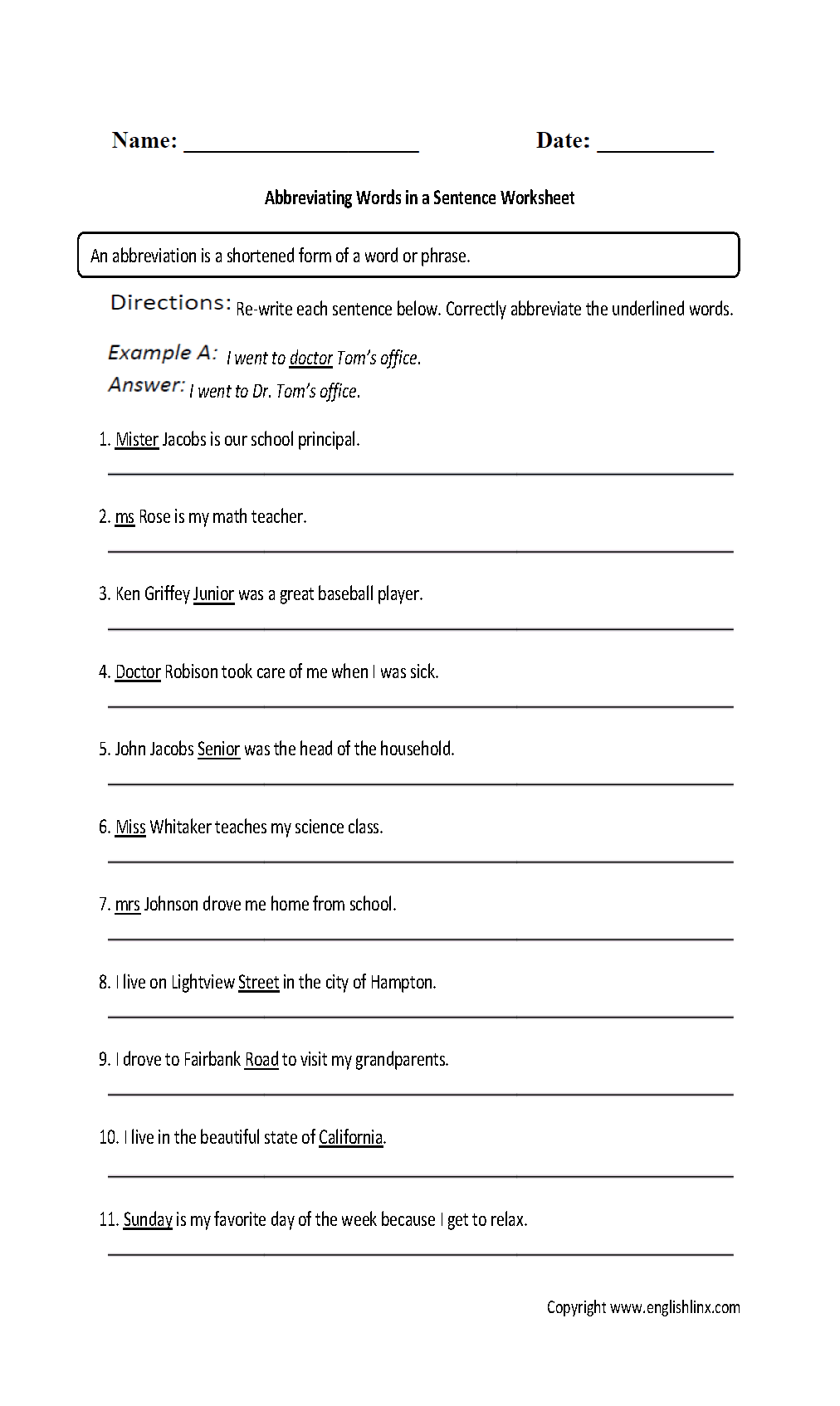Abbreviations Worksheets Abbreviating Words In A Sentence 