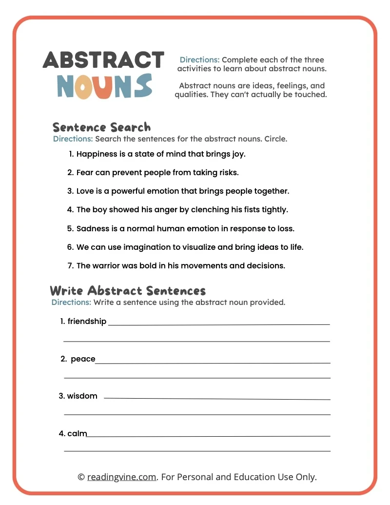 Abstract Noun Worksheets Definition And Examples ReadingVine Abstract Noun Worksheets Definition And Examples ReadingVine