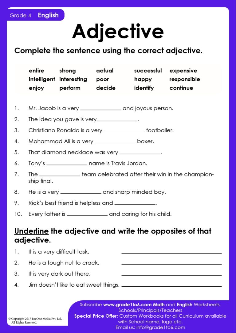 Adjective Exercises For Class 4 CBSE Grade1to6