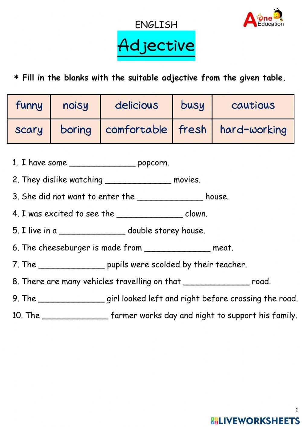 Adjective Free Interactive Worksheets 1517400