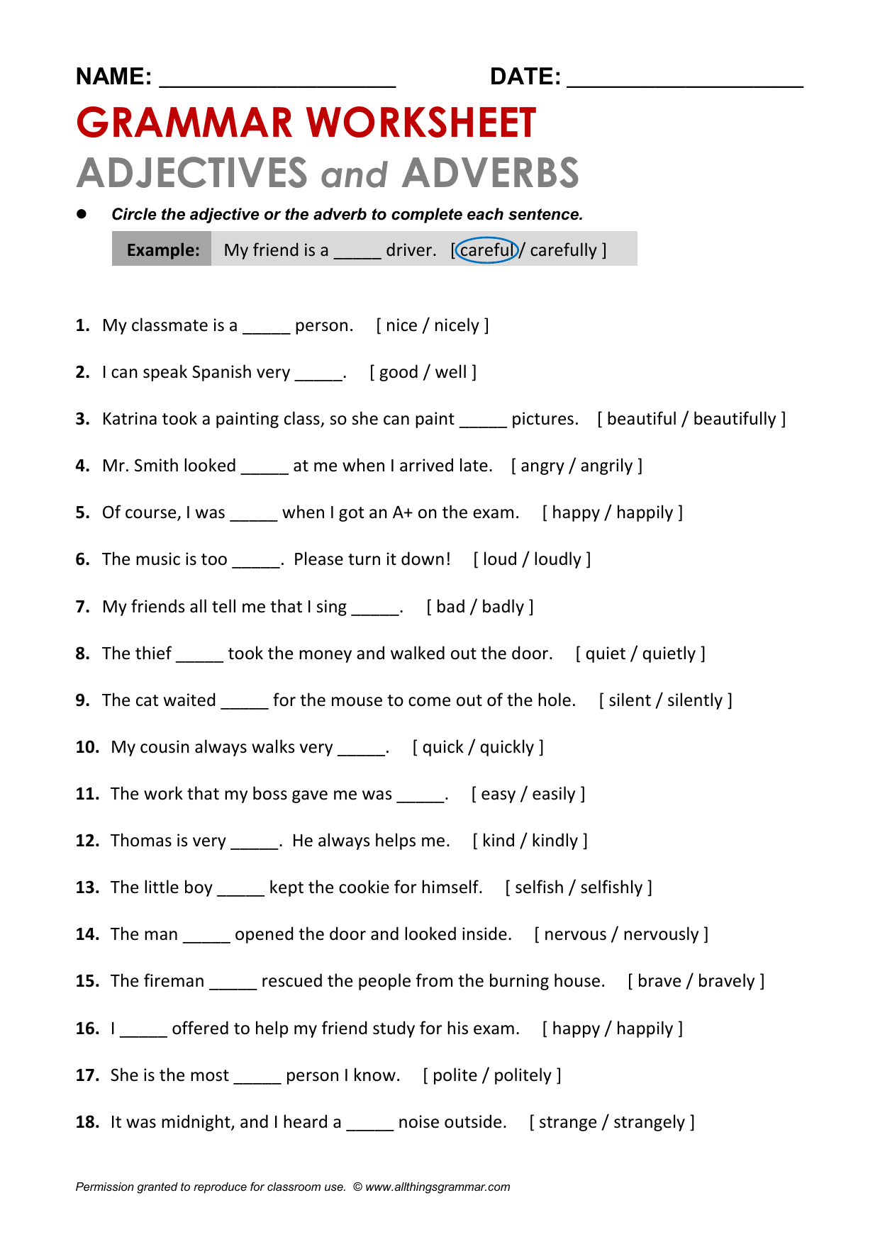 Adjectives And Adverbs Grammar Worksheet Adjectives And Adverbs Grammar Worksheet