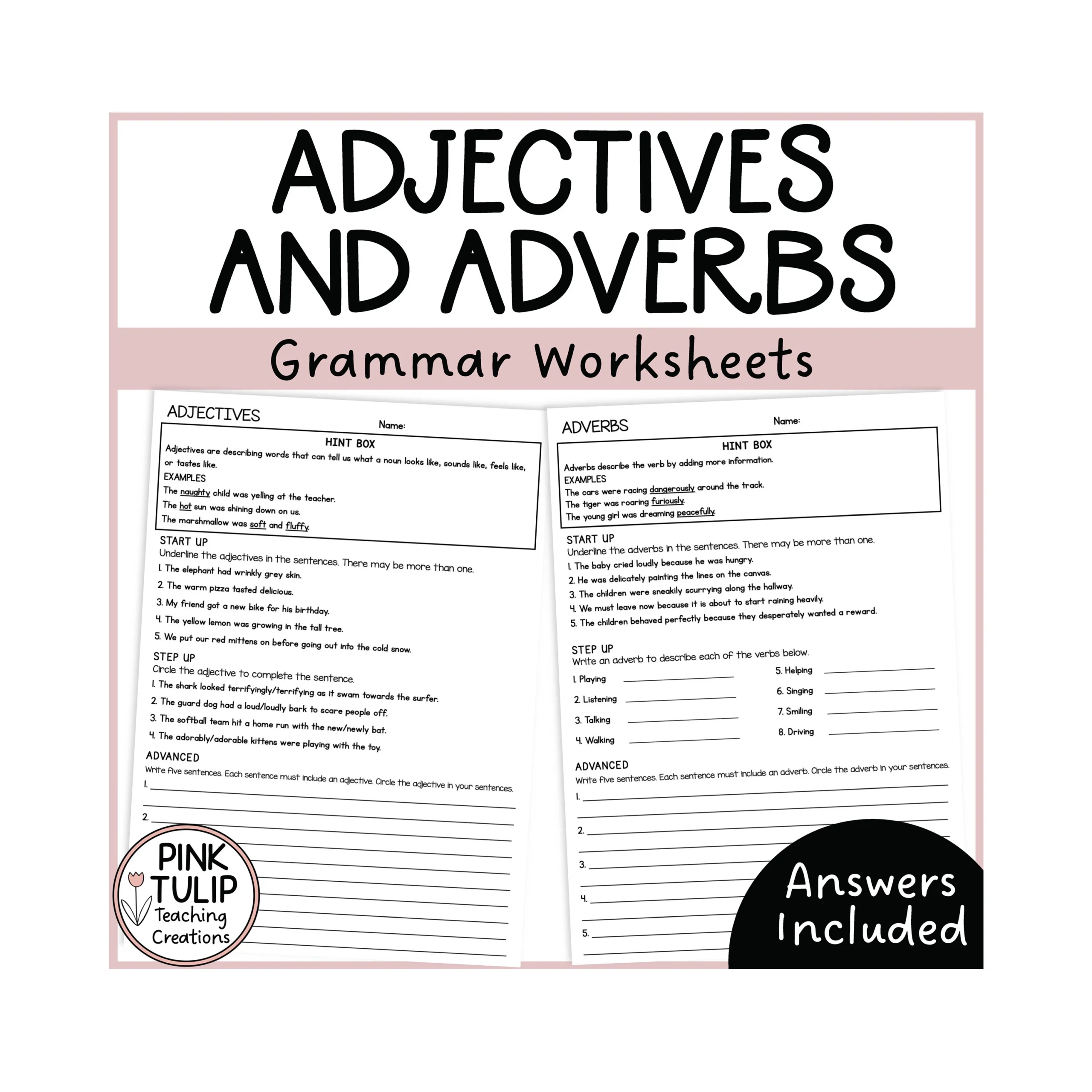 Adjectives And Adverbs Grammar Worksheets With Answers Etsy Adjectives And Adverbs Grammar Worksheets With Answers Etsy
