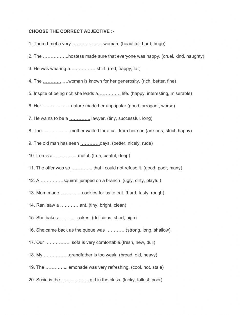 Class 4 English Grammar Adjectives Worksheets