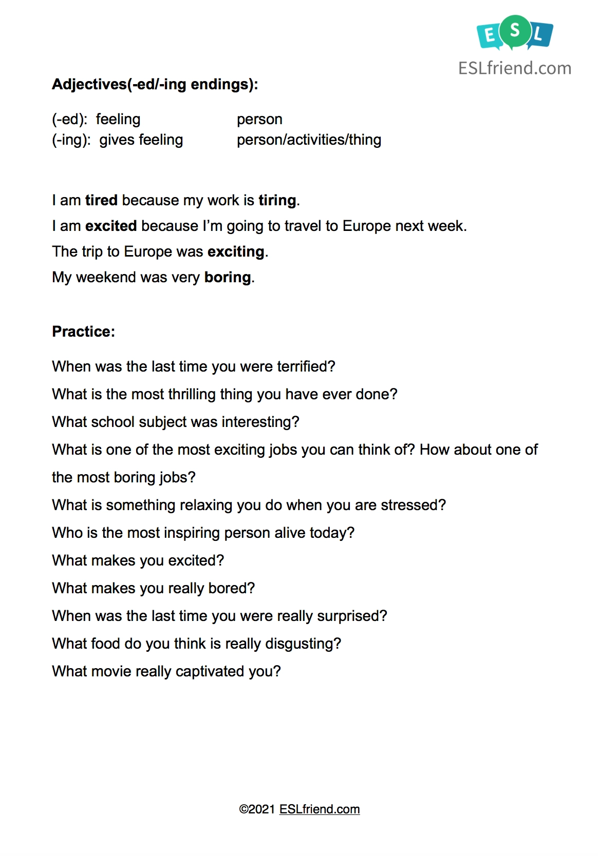 Adjectives With ed ing Ending ESL Grammar ESLfriend