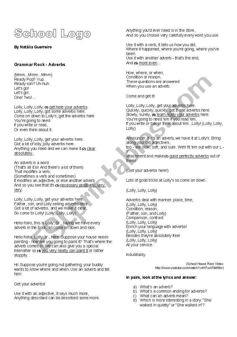 Adverb Song School House Rock Videos ESL Worksheet By Ncguerreiro