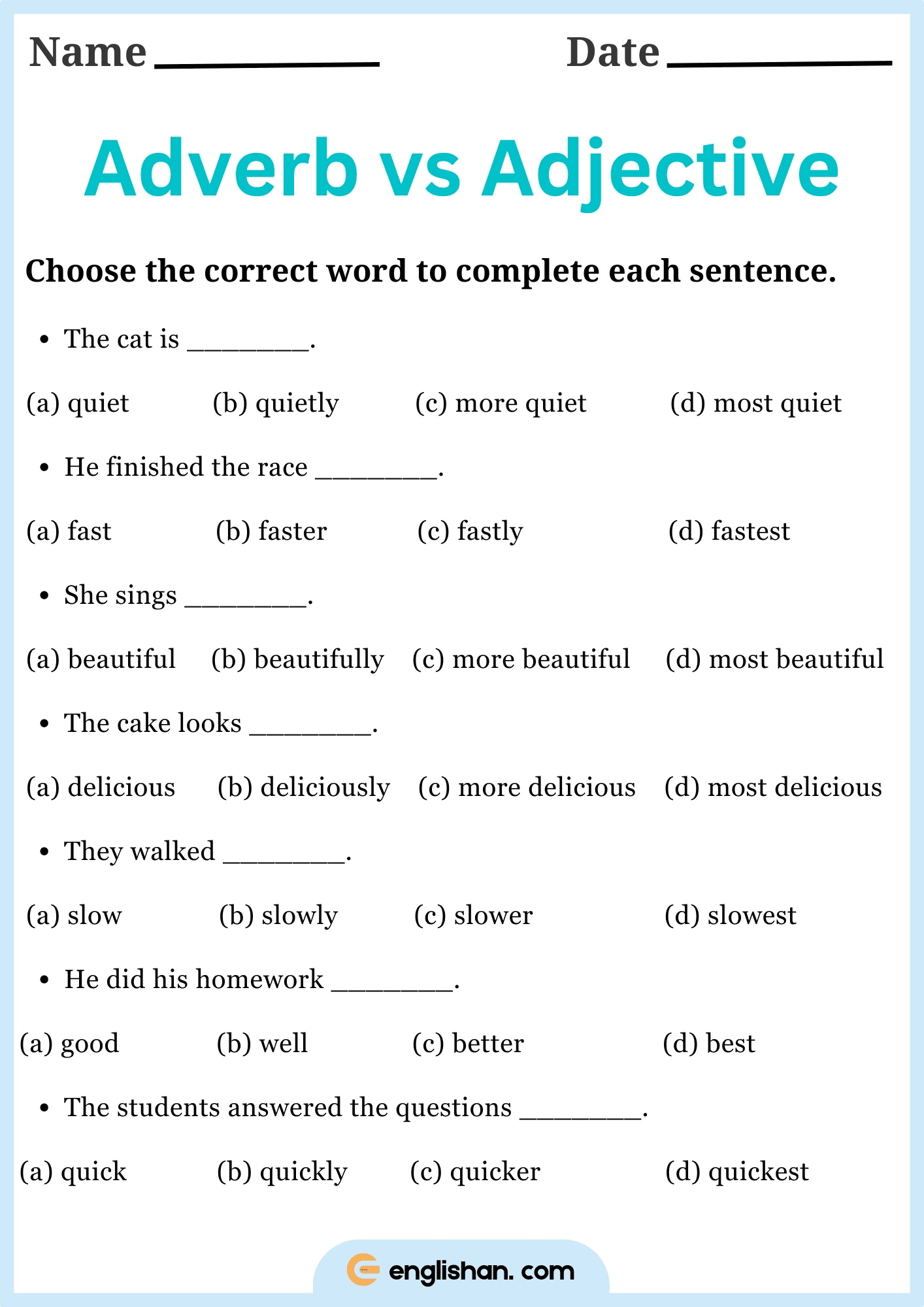 Adverb Vs Adjective Worksheets With Answers