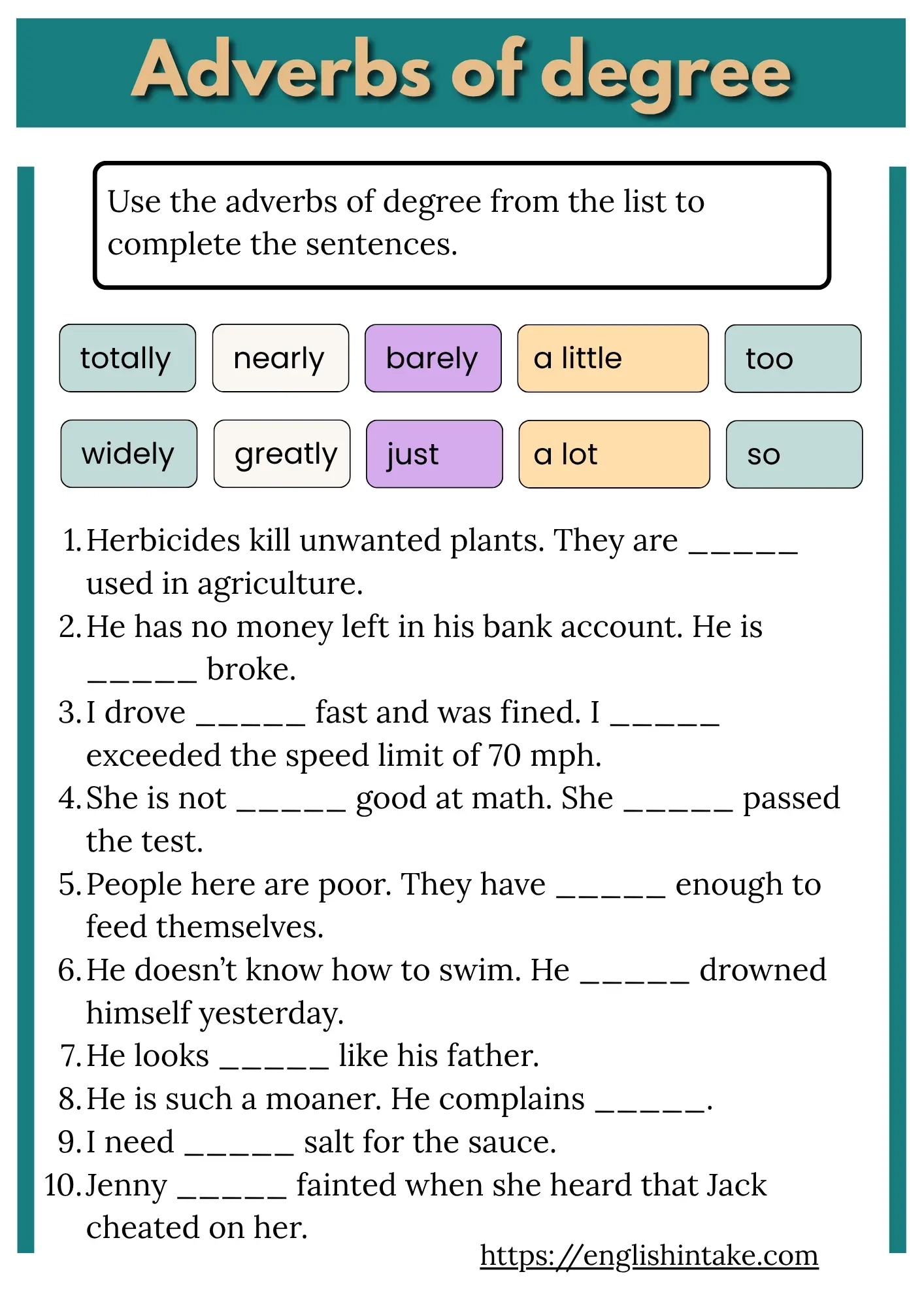 Adverbs Of Degree Grammar Worksheet