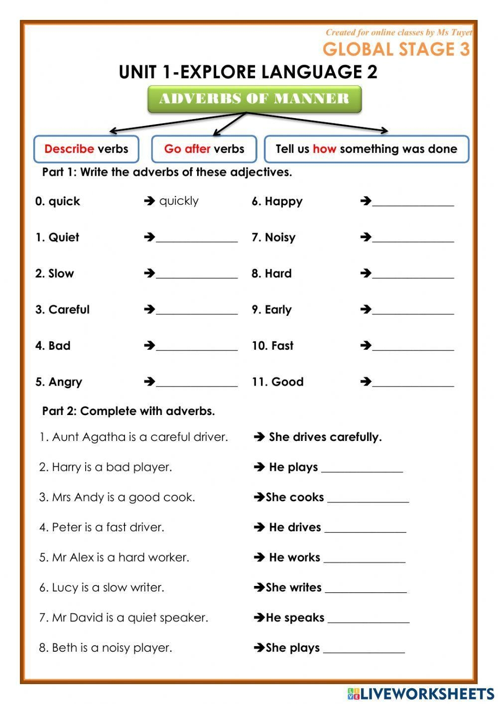 8th Grade Esl Grammar Adverb Worksheets