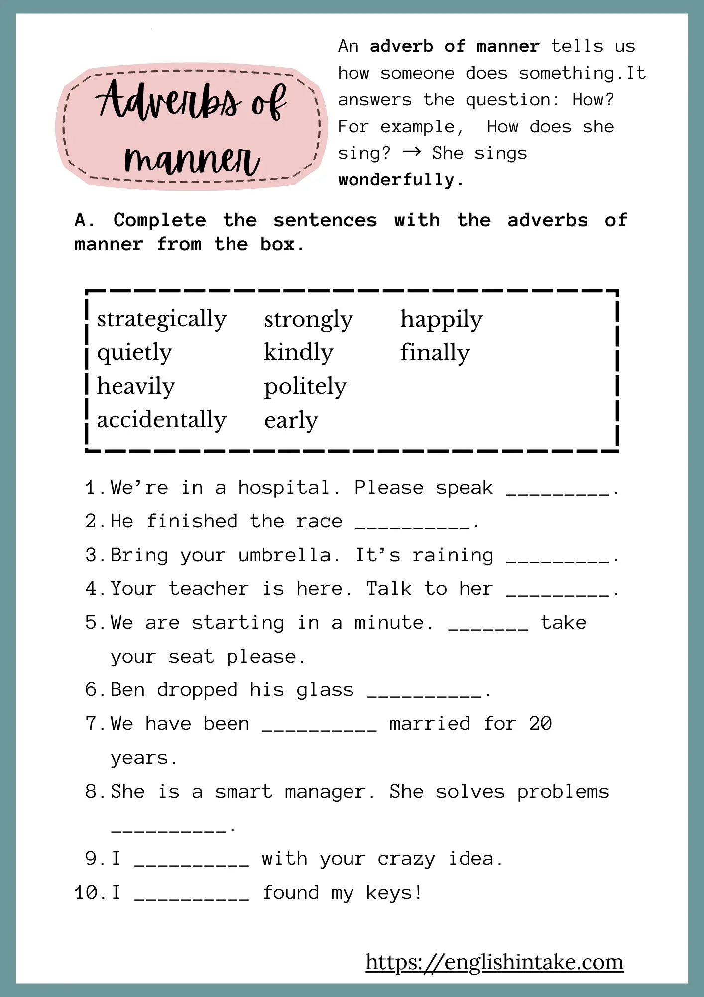 Adverbs Of Manner Exercises With Answers