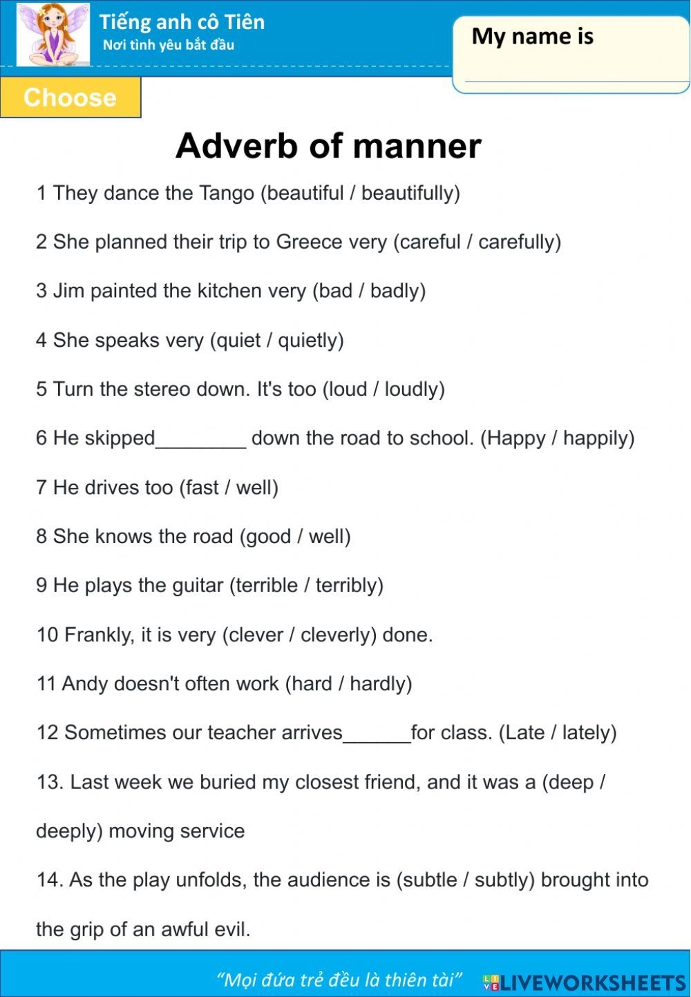 Adverbs Of Manner Worksheet For Grade 9