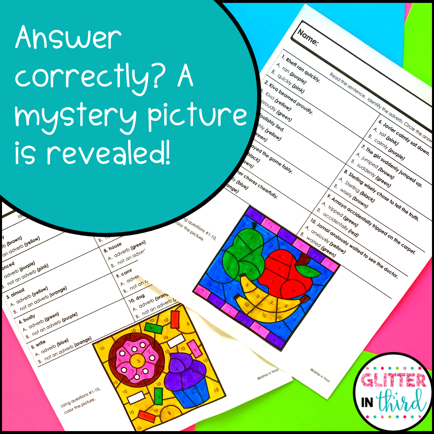 Adverbs Worksheets Color By Number Grammar Glitter In Third Adverbs Worksheets Color By Number Grammar Glitter In Third
