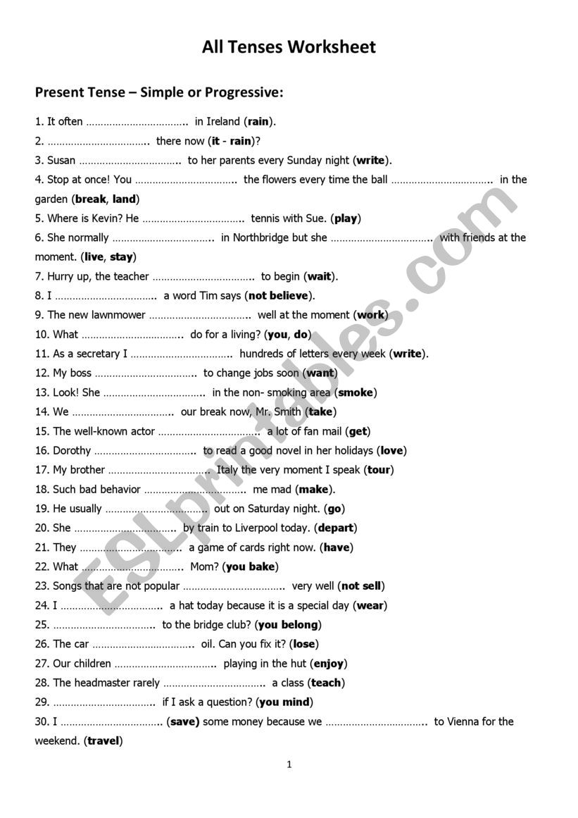 All Tenses Exercise ESL Worksheet By Mustafa rshwan yahoo