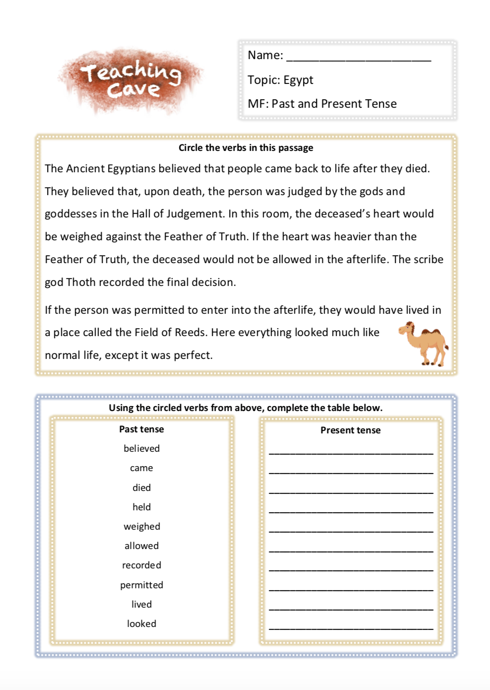 Ancient Egypt Grammar Worksheet