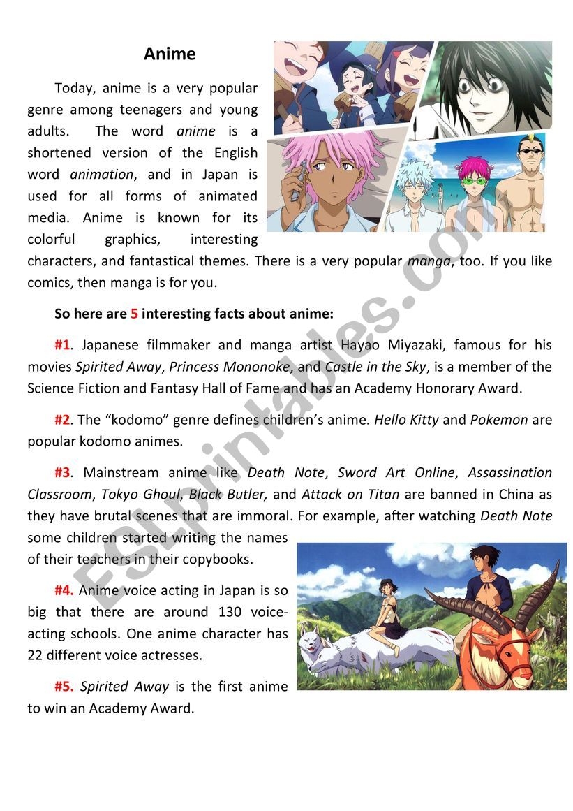 Anime Reading Matching Activity ESL Worksheet By Anniellet