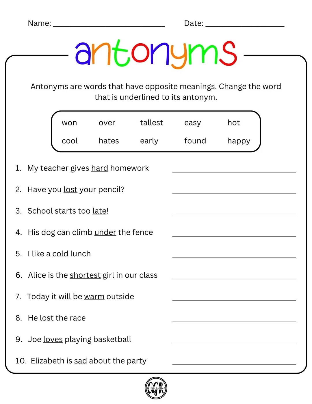 Antonyms Worksheet Etsy