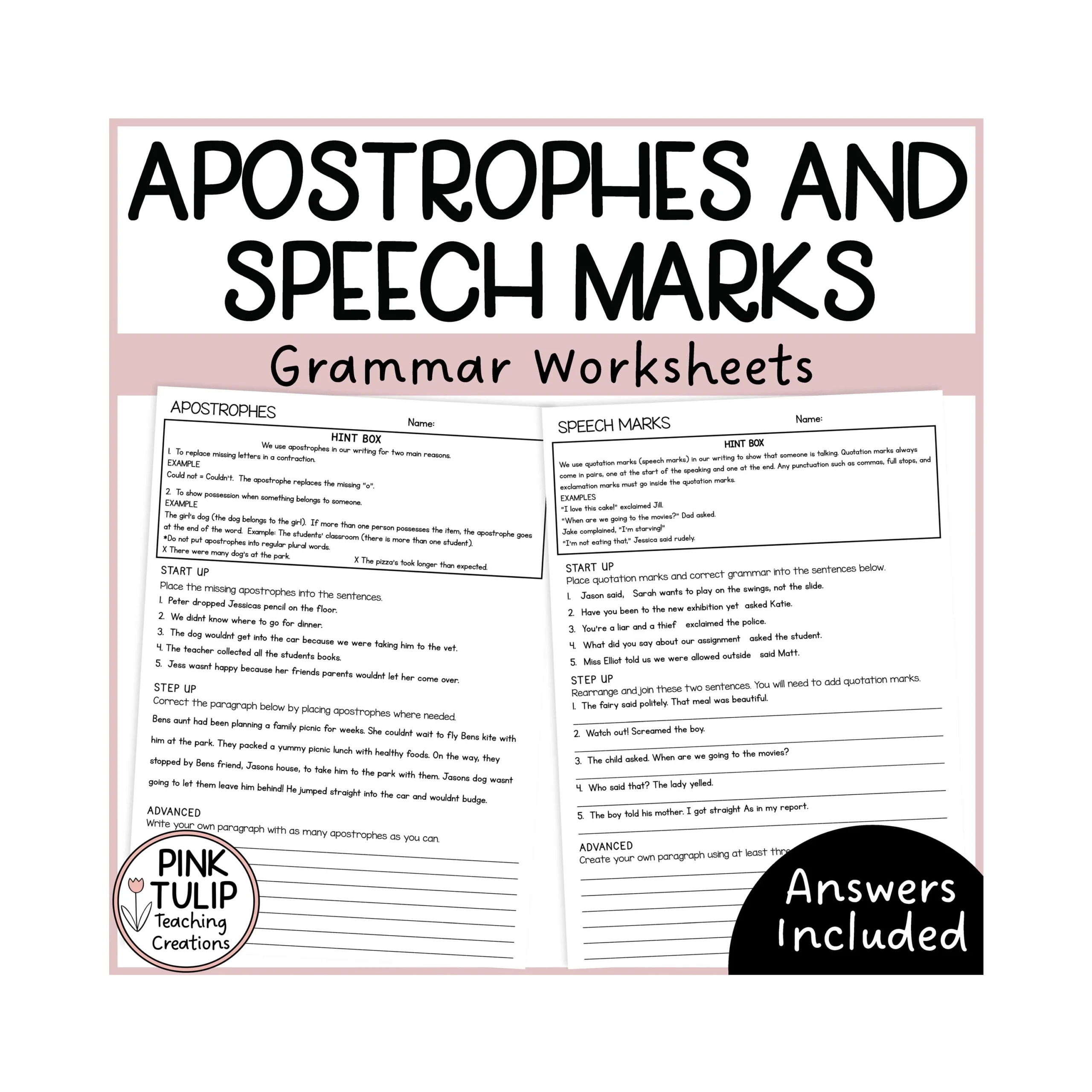 Apostrophes And Speech Marks Grammar Worksheets With Answers Etsy