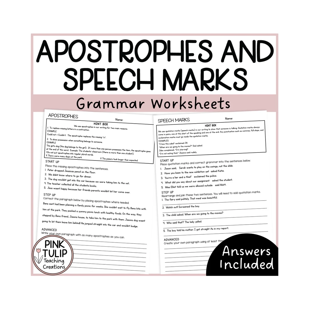 Apostrophes And Speech Marks Grammar Worksheets With Answers Etsy