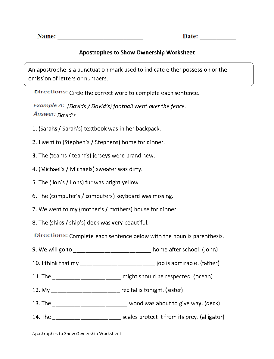 Apostrophes Worksheets Apostrophe To Show Ownership Worksheet